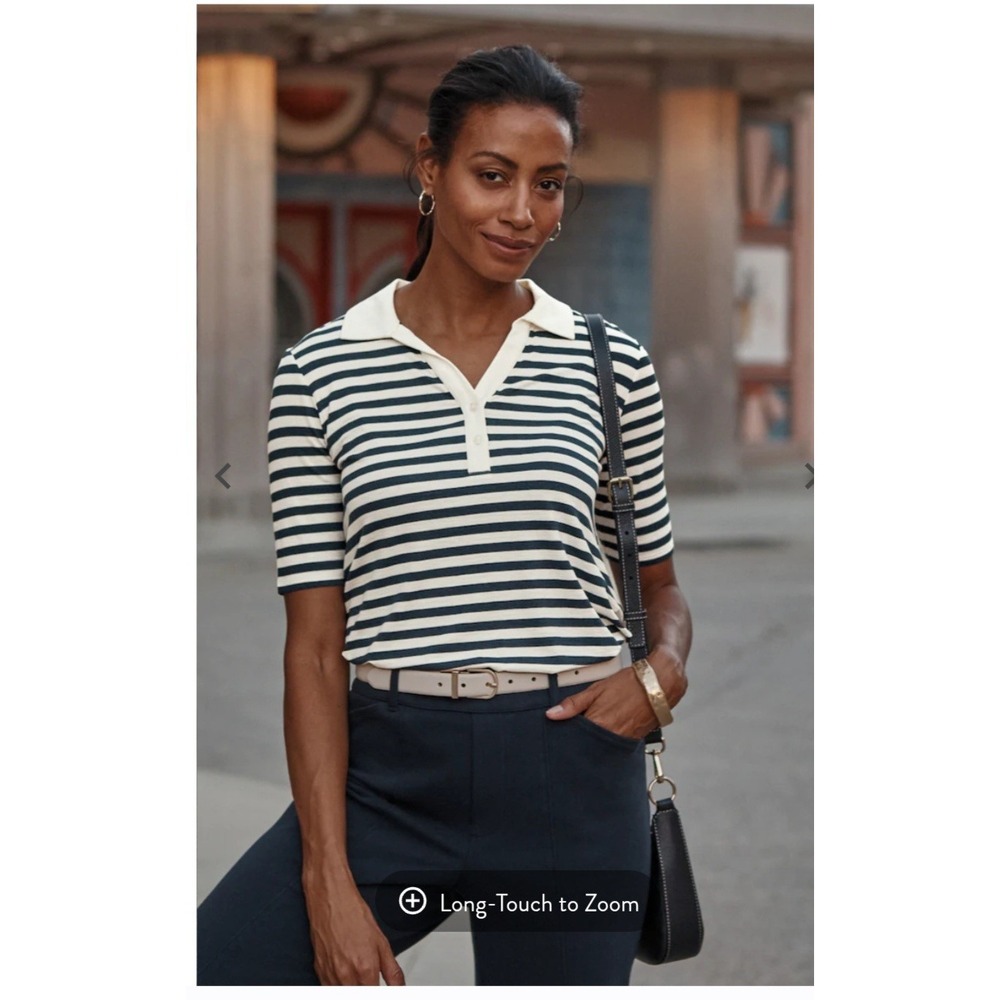 J.Jill Womens Wearever Navy White Striped Knit Polo Elbow Sleeve Top M
